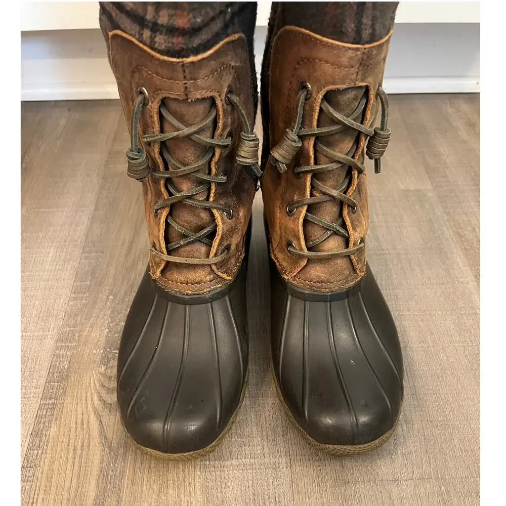 Sperry Saltwater Sela Plaid & Leather Tall Duck Boot Style
